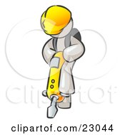 Poster, Art Print Of White Construction Worker Man Wearing A Hardhat And Operating A Yellow Jackhammer While Doing Road Work