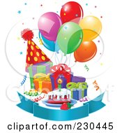 Poster, Art Print Of Party Balloons Presents Birthday Cake A Blank Banner And A Party Hat