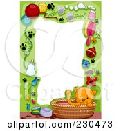 Royalty Free RF Clipart Illustration Of A Cute Animal Border Of A Ginger Kitten And Cat Supplies On Green Around White Space