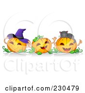 Poster, Art Print Of Border Of Three Happy Pumpkins With A Witch Hat And Cat