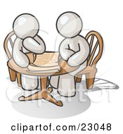 Clipart Illustration Of Two White Businessmen Sitting At A Table Discussing Papers