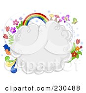 Poster, Art Print Of Puffy White Cloud With Flowers Birds Butterflies And A Rainbow