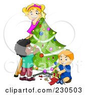 Poster, Art Print Of Diverse Kids Trimming A Christmas Tree Together