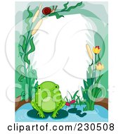 Poster, Art Print Of Cute Animal Border Of A Frog And Aquatic Plants Around White Space