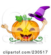Poster, Art Print Of Happy Halloween Pumpkin Holding A Purple Witch Hat