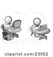 Poster, Art Print Of Two White Men Employees Working On Computers In An Office One Using A Desktop The Other Using A Laptop
