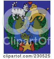Poster, Art Print Of Cat And Dog On A Wreath Around Peace On Earth Text Over Blue