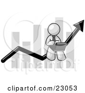 White Man Conducting Business On A Laptop Computer On An Arrow Moving Upwards In Front Of A Bar Graph Symbolizing Success