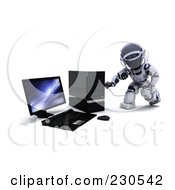 Poster, Art Print Of 3d Robot Character Checking A Computer