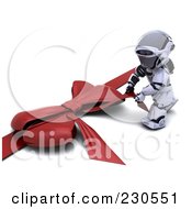 Royalty Free RF Clipart Illustration Of A 3d Robot Character Pulling On A Giant Red Bow