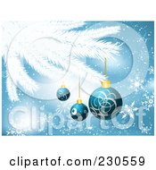 Royalty Free RF Clipart Illustration Of A Christmas Background With Blue Baubles On A Flocked Tree Branch With Snowflakes