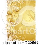 Royalty Free RF Clipart Illustration Of A Christmas Background With Gold Baubles Over Gold Swirls With Snowflakes