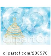 Poster, Art Print Of Christmas Background Of A Golden Christmas Tree Over Blue Snowflakes