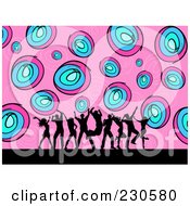 Royalty Free RF Clipart Illustration Of Silhouetted Dancers Over A Funky Pink And Blue Circle Background
