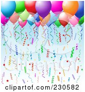 Royalty Free RF Clipart Illustration Of A Background Of Colorful Confetti Ribbons And Party Balloons On Blue