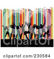 Royalty Free RF Clip Art Illustration Of Silhouetted Dancers Over A Colorful Striped And Floral Grunge Background
