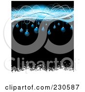 Royalty Free RF Clipart Illustration Of A Christmas Background With Blue Baubles And Waves On Black With White Grunge