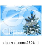 Poster, Art Print Of Christmas Tree Over A Blue Wave And Star Background