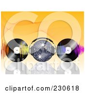Disco Ball With Headphones Waves And Vinyl Records On Orange