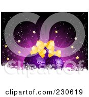 Poster, Art Print Of Christmas Background Of Purple Ornaments With Bows And Stars Over A Burst With White Snow Grunge