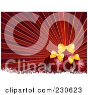 Poster, Art Print Of Christmas Background Of Red Baubles With Bows Over Red Rays With White Grunge