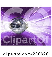 Royalty Free RF Clipart Illustration Of A Blue Disco Ball Wearing Headphones Over A Purple Music Background