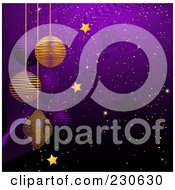 Poster, Art Print Of Purple Christmas Background With Suspended Purple And Gold Ornaments Gold Snow And Stars