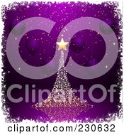 Poster, Art Print Of Magical Gold Christmas Tree Over Purple With Suspended Ornaments And White Grunge Borders