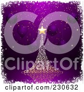 Royalty Free RF Clipart Illustration Of A Magical Gold Christmas Tree Over Purple With Suspended Ornaments And White Grunge Borders