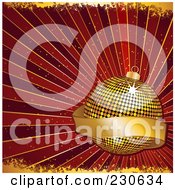 Poster, Art Print Of Christmas Background Of A Golden Mosaic Bauble With A Blank Banner Over Red Rays Wth Gold Grunge
