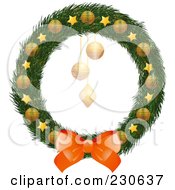 Poster, Art Print Of Christmas Wreath With A Bow And Gold Stars And Ornaments