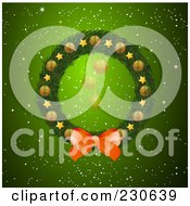 Poster, Art Print Of Christmas Wreath With A Bow Gold Stars And Ornaments Over A Green Snowy Background