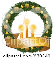 Poster, Art Print Of Christmas Wreath With Golden Stars And Ornaments A Blank Banner And Glowing Candles