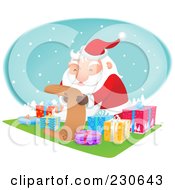 Santa Sitting By Gifts And Reading A List Over A Snowy Oval