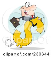 Royalty Free RF Clipart Illustration Of A White Businessman Riding On A Hopping Dollar Symbol Over A Blue Circle