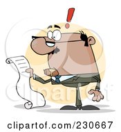 Royalty Free RF Clipart Illustration Of A Black Businessman Reading A Long List Or Bill Over A Beige Circle