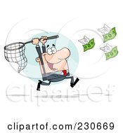 Poster, Art Print Of White Businessman Chasing Flying Money With A Net Over A Blue Circle