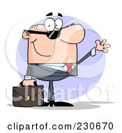 Royalty Free RF Clipart Illustration Of A Friendly White Businessman Wearing Shades And Waving Over A Purple Circle