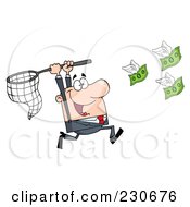 Poster, Art Print Of Caucasian Businessman Chasing Flying Money With A Net