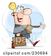 Royalty Free RF Clipart Illustration Of A Caucasian Business Woman Walking And Holding Her Arm Out Over A Blue Circle by Hit Toon