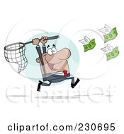 Poster, Art Print Of Hispanic Businessman Chasing Flying Money With A Net