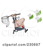 Royalty Free RF Clipart Illustration Of A Black Businessman Chasing Flying Money With A Net