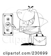 Royalty Free RF Clipart Illustration Of A Coloring Page Outline Of A Shark Businessman Holding A Dollar Bill
