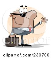 Royalty Free RF Clipart Illustration Of A Friendly Hispanic Businessman Wearing Shades And Waving Over An Orange Circle