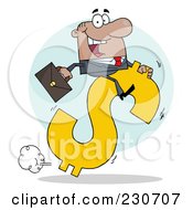 Royalty Free RF Clipart Illustration Of A Hispanic Businessman Riding On A Hopping Dollar Symbol Over A Blue Circle
