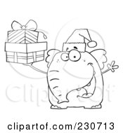 Royalty Free RF Clipart Illustration Of A Coloring Page Outline Of An Elephant Wearing A Santa Hat And Holding Christmas Gifts