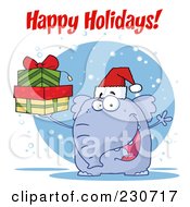 Royalty Free RF Clipart Illustration Of Happy Holidays Over A Christmas Elephant Wearing A Santa Hat And Holding Gifts