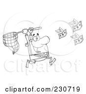 Poster, Art Print Of Coloring Page Outline Of A Businessman Chasing Flying Money With A Net