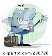 Shark Businessman Carrying A Briefcase And Waving Over A Green Circle