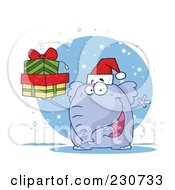 Royalty Free RF Clipart Illustration Of A Christmas Elephant Wearing A Santa Hat And Holding Gifts In The Snow